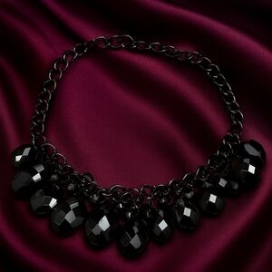 Black Beaded Statement Necklace – Faceted Cluster on Glossy Chain, 20" Jewelry